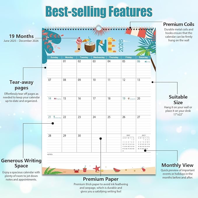 GuassLee Extra Large Wall Calendar 2025-2026, 19-Month Vertical Wall Calendar 2025, Jun. 2025 to Dec. 2026, 17" X 22" Paper Hanging Planner with Thick Paper Spiral Bound for Office Home Organizing