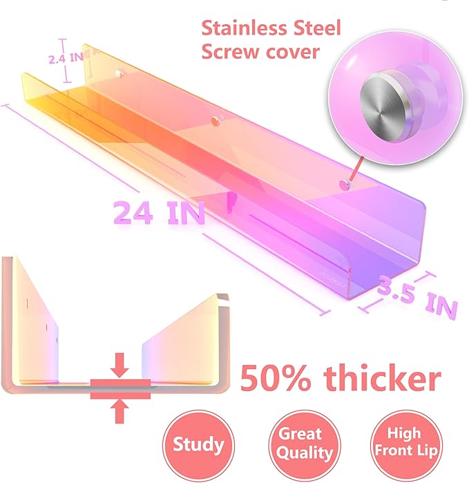 24 inches Iridescent Acrylic Bookshelf, Wall Mounted Display for Kids Room, Nursery, Toddler, Classroom (2 Packs)