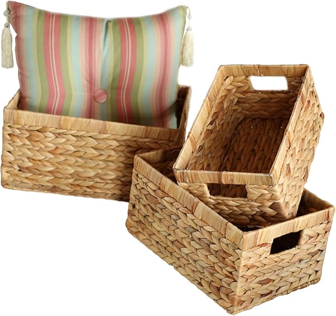 Water Hyacinth Wicker Baskets for Organizing, Rectangular Wicker Baskets with Built-in Handles 3-Pack
