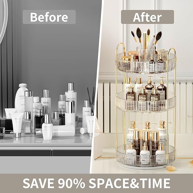 360° Rotating Makeup Organizer, Large-Capacity Skincare Make Up Storage 3 Tier Perfume Organizers Cosmetic Dresser Organizer with Makeup Brush Holder, Fits Bedroom, Bathroom, Vanity Shelf Countertop