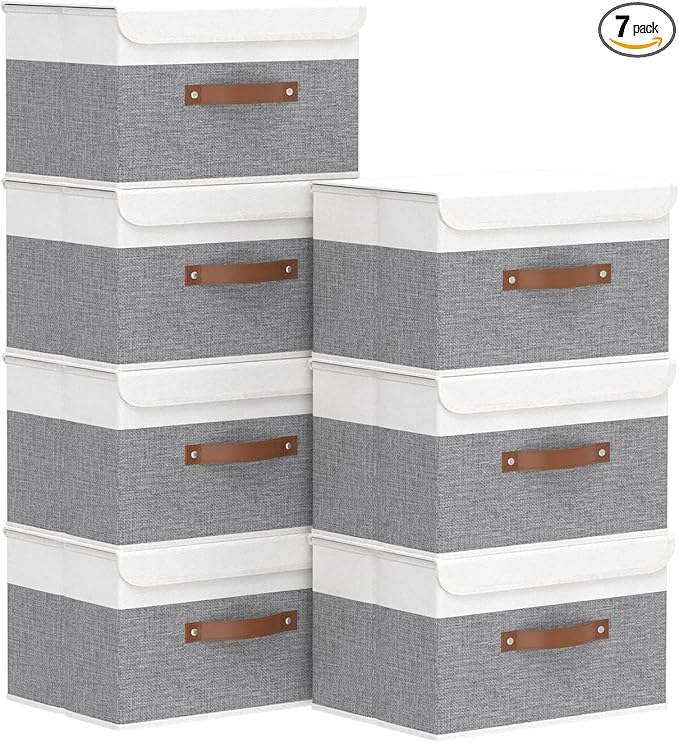 Yawinhe Collapsible Storage Bin, Cube Organizer Basket, Fabric Box with Lids, Washable and Leather Handle, for Home, Closet, White/Grey, 13.0''Lx9.0''Wx7.9''H, 7-Pack, SNK024WGS-7