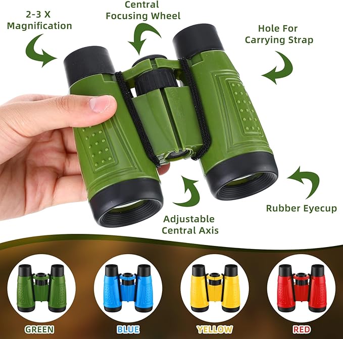 Wettarn 24 Pack Kid Mini Compact Binocular Compass Magnifying Glass Set for 3-12 Years Boy Girl Toddler Small Telescope Binocular for Kid Bird Watching Camping Hiking Exploring Outdoor Play