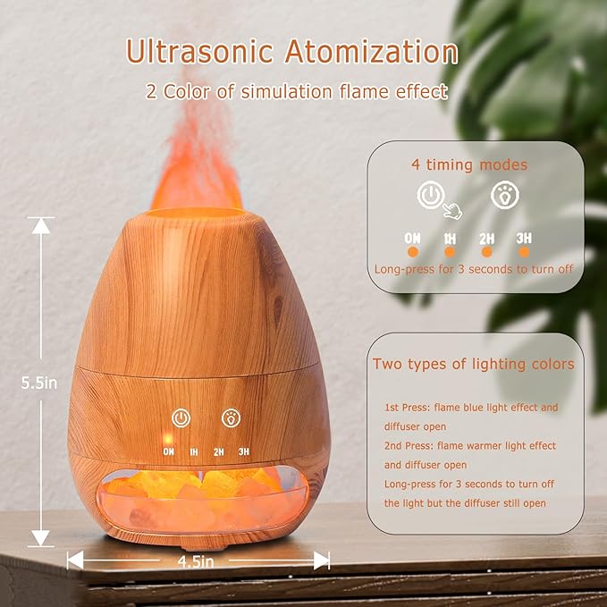 Ultrasonic Essential Oil Diffuser with Himalayan Salt Rock,Flame Diffuser with 2 Color Light,Small Aromatherapy Oil Diffuser with Auto Off Function for Home, Office,Spa,100ML,Wooden Grain