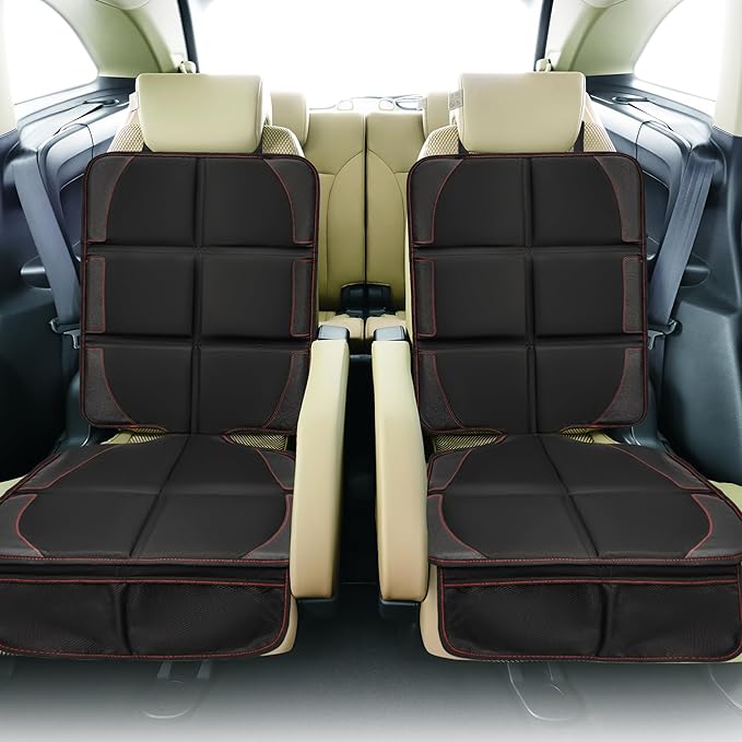 Car Seat Protector 2 Pack Baby Car Seat Covers with Mesh Pockets & Non-Slip Backing 600D Durable Seat Protector Under Baby Car Seat (Black & Red, Large)