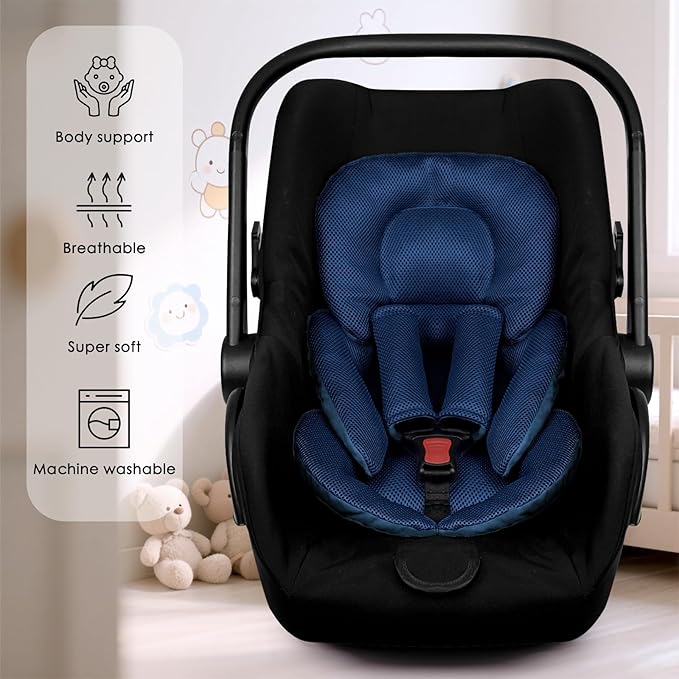 Infant Car Seat Insert for Newborn Girls Boys, Summer Mesh Baby Carseat Head Support with Strap Pads, Soft Reversible Baby Car Seat Insert Cushion Pad for Car Seat, Stroller, Bouncer, Swing, Blue
