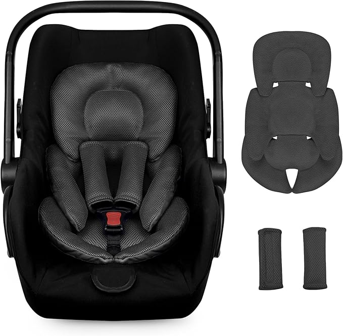 Infant Car Seat Insert for Newborn Girls Boys, Summer Mesh Baby Carseat Head Support with Strap Pads, Soft Reversible Baby Car Seat Insert Cushion Pad for Car Seat, Stroller, Bouncer, Swing, Black