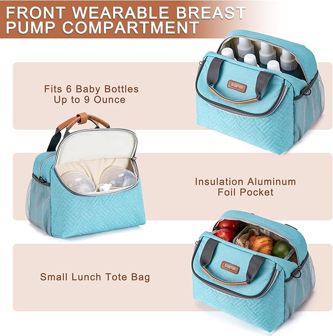 Breastmilk Cooler Bag with Ice Pack Fits 6 Baby Bottles up to 9 Ounce, Wearable Breast Pumps Cooler Bag for Nursing Mom Daycare, Work, Travel- Aqua
