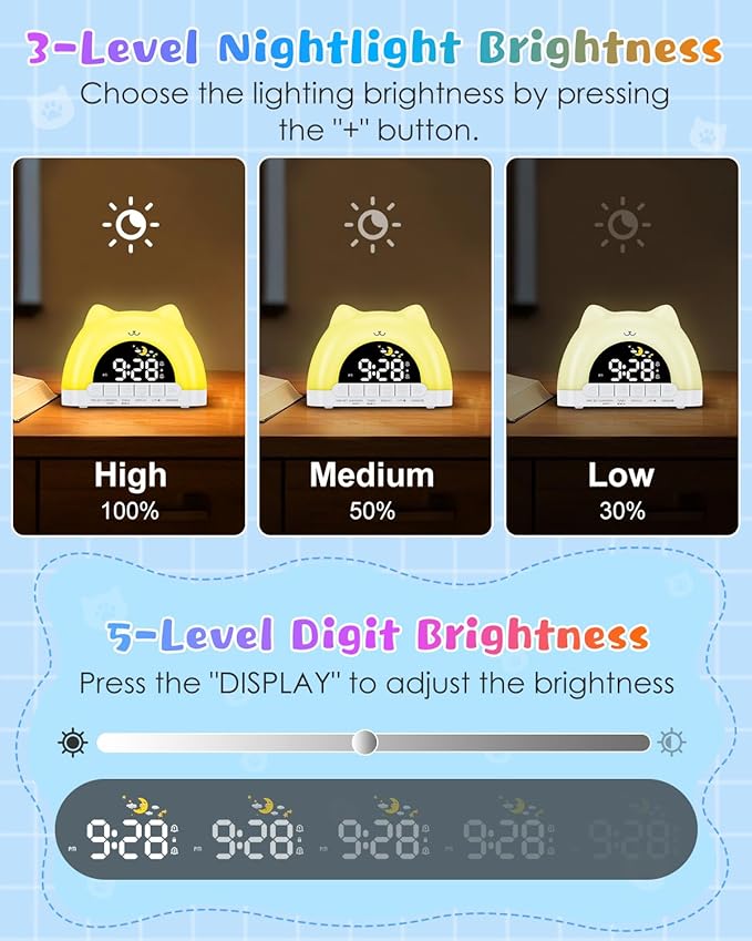 Kids Alarm Clock, OK to Wake Clock for Kids, Cat Clock with 11 Colors Night Light, 10 Soothing Sounds, Child Lock, Dual Alarms, Sleep Training, Birthday Gift for Boy Girls Children