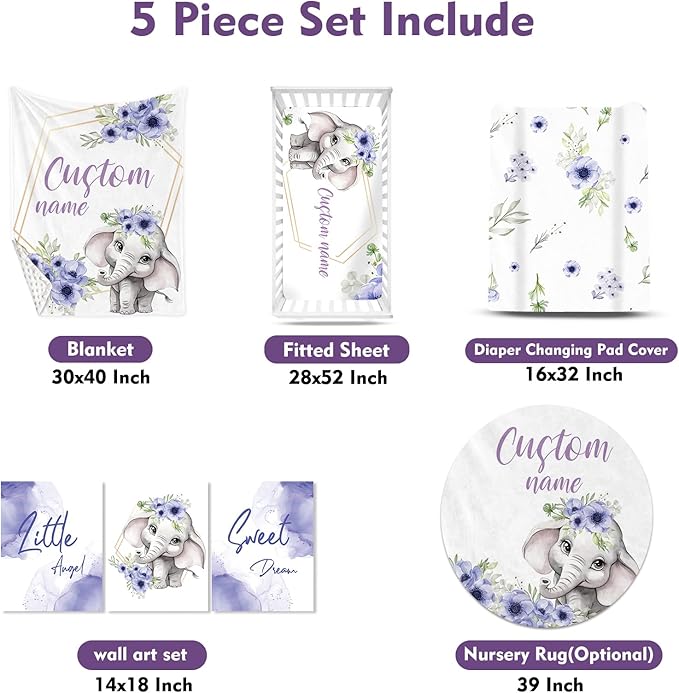 Personalized Baby Crib Bedding Set for Baby Girls, Purple Flower Pattern Elephant Theme Custom Name Baby Crib Sets 5-Pcs, Toddler Double Layer Blanket Fitted Sheets Changing Pad Cover Rug Wall Art Set