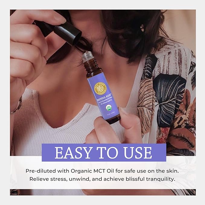 Silk Road Organic Restful Ease Essential Oil Sleep & Stress Blend Roll On - 100% Pure USDA Certified with Indian Sandalwood - Stress Ease Aromatherapy & Calming Relaxation - 10 ml Roller