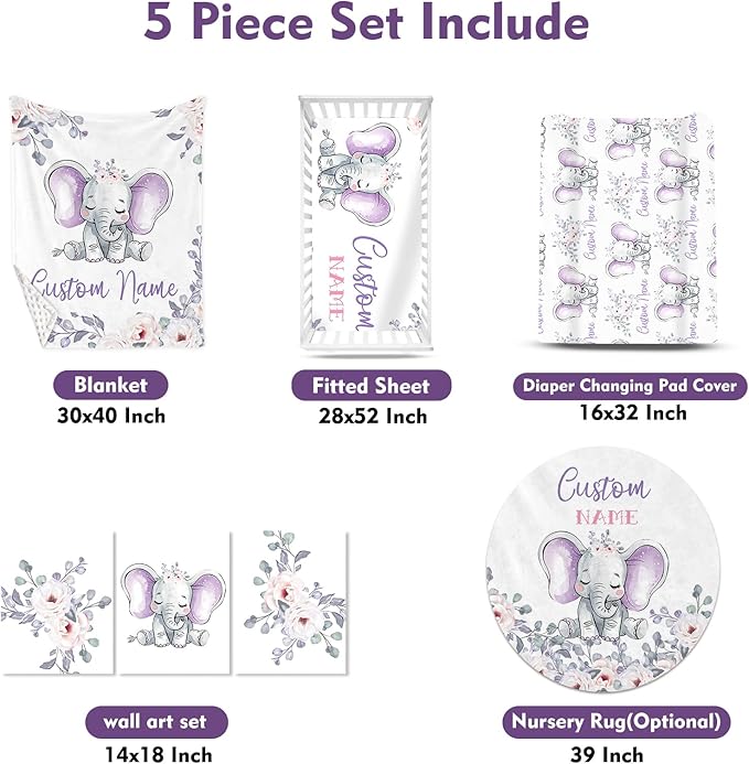Personalized Baby Crib Bedding Set for Baby Girls, Light Purple Elephant Pattern Custom Name Baby Crib Sets 5-Pcs, Toddler Double Layer Blanket Fitted Sheets Changing Pad Cover Rug Wall Art Set