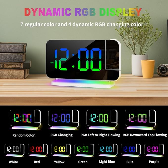 Projection Alarm Clock for Bedroom Ceiling,RGB Digital Clocks with 10 Colors RGB Night Light,Loud Alarm Clock for Heavy Sleepers,USB C Charger Port,Snooze,12/24H,Auto Dimming