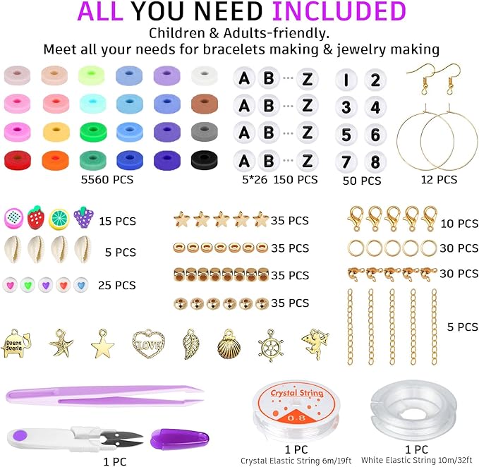 Gionlion 6000 Clay Beads Bracelet Making Kit, 24 Colors Flat Preppy Beads for Friendship Bracelets, Polymer Clay Bead with Charms for Jewelry Making, Crafts Gifts for Girls Ages 6-12