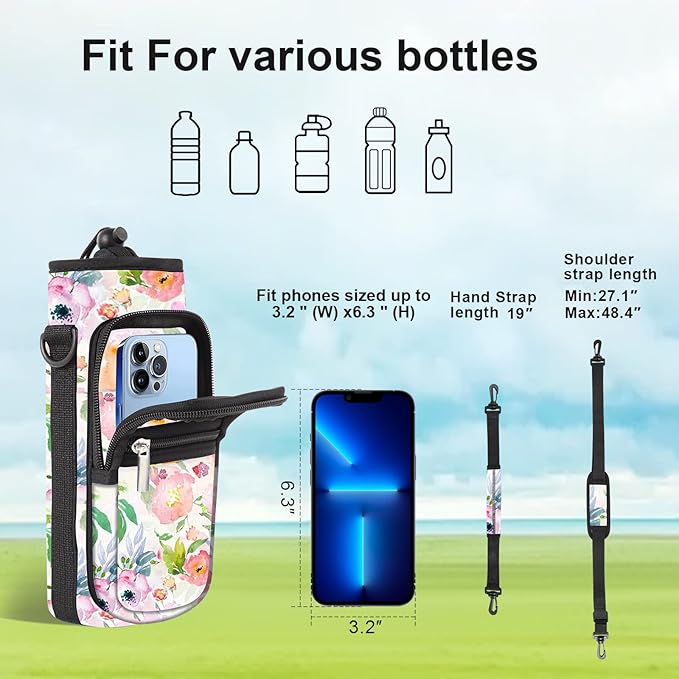 25/32/40/64oz Water Bottle Bag Holder Carrier-Insulated Crossbody Sling Case Sleeve with Strap & Pockets for Men Women Gym Cycling Travel Walking Hiking Camping