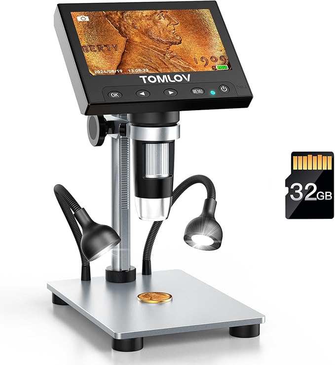 TOMLOV 1000X Coin Microscope with 4.3" Screen, Digital Microscope Magnifier with LED Lights, Metal Stand, PC View, Photo/Video, 32GB SD Card, Windows, macOS Compatible, DM4S