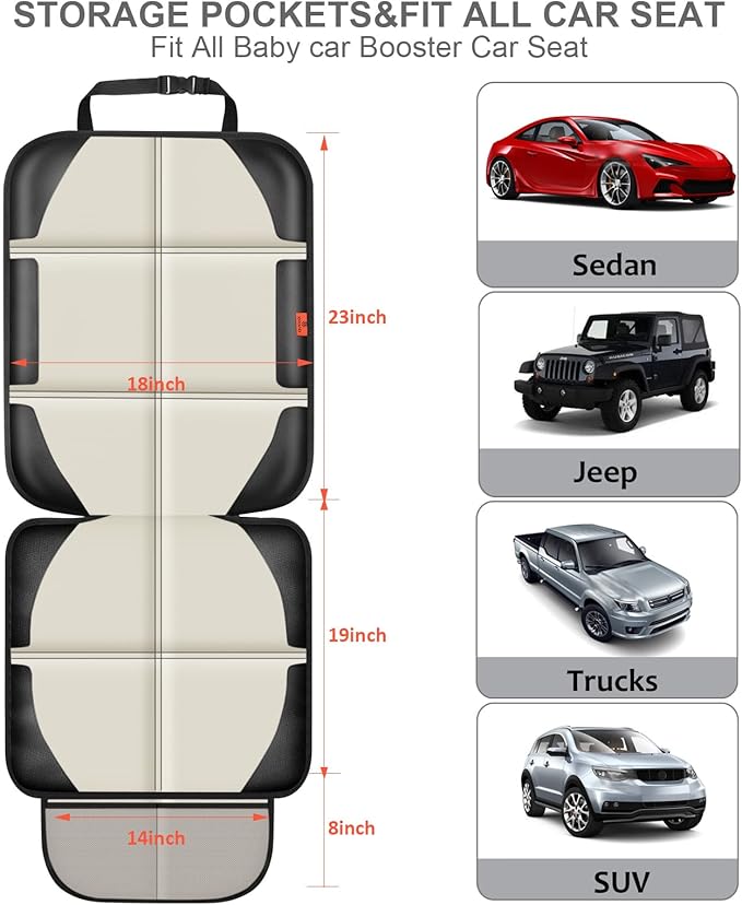 Car Seat Protector,2 Pack Car Seat Protectors Baby Carseat Waterproof Durable 600D Fabric for Child Baby Car Seat Mat Vehicle Pet Cover 2 Storage Pockets (2 Pack Beige)