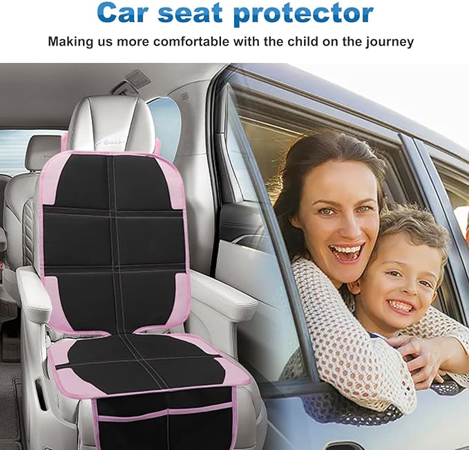 Child Car Seat Protector, 2 Pack with Mesh Pockets & Non-Slip Backing, 600D Durable (Pink, Standard)