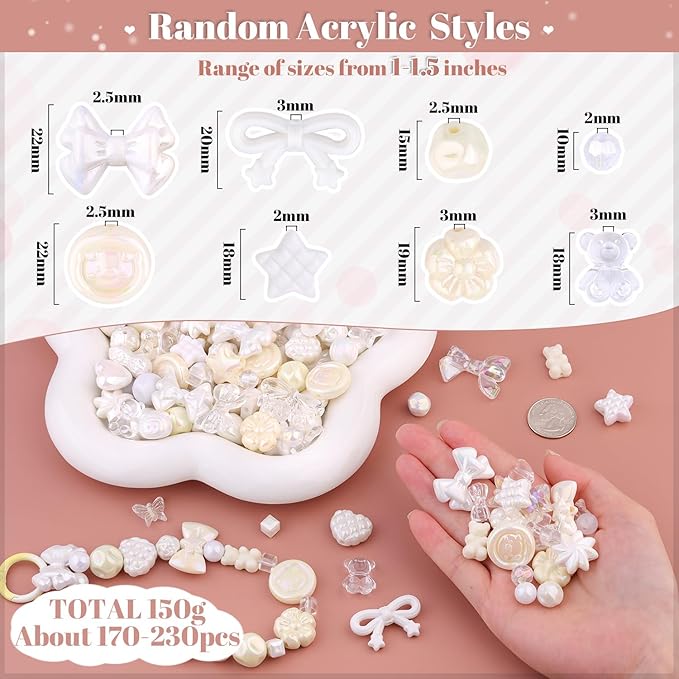 Assorted 170-230PCS White Acrylic Beads for Bracelet Making, Flower Bow Butterfly Candy GummyBear Aesthetic Bracelet Charms,Cute Beads for Jewelry Making DIY Necklace Keychain Phone Charm