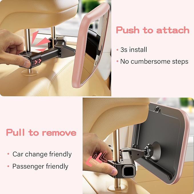 Car Mirror for Baby - Hook Clip Design, Never Shake Car Seat Mirror, Rear Facing, Easy Install, Back Seat Crystal Clear View, ShatterProof Tested - Pink