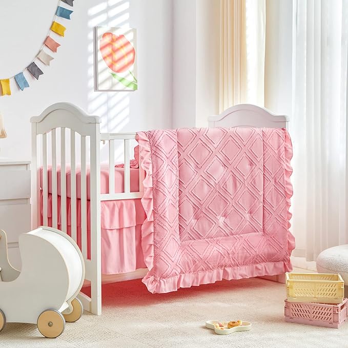 Tufted Ruffle Crib Bedding Set 3 Pieces Baby Boho Quilted Comforter with Fitted Sheet and Bed Skirt - Cute Ruffled Shabby Chic Baby Bedding Soft Blanket Design Pink