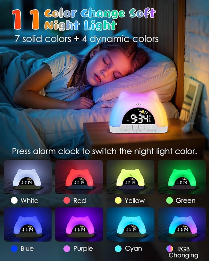 Kids Alarm Clock, OK to Wake Clock for Kids, Cat Clock with 11 Colors Night Light, 10 Soothing Sounds, Child Lock, Dual Alarms, Sleep Training, Birthday Gift for Boy Girls Children