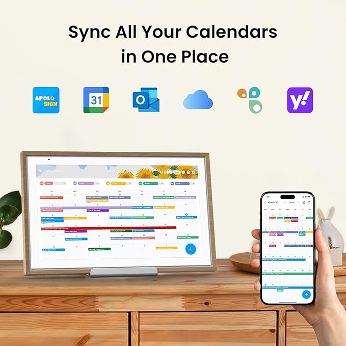 ApoloSign 15.6-inch Digital Calendar: Dual Mode Calendar with Google Play & Multi-calendar Sync, Electronic Planner & Chore Chart, Smart Touchscreen, Interactive Display for Family Schedules (Teak, 15.6")