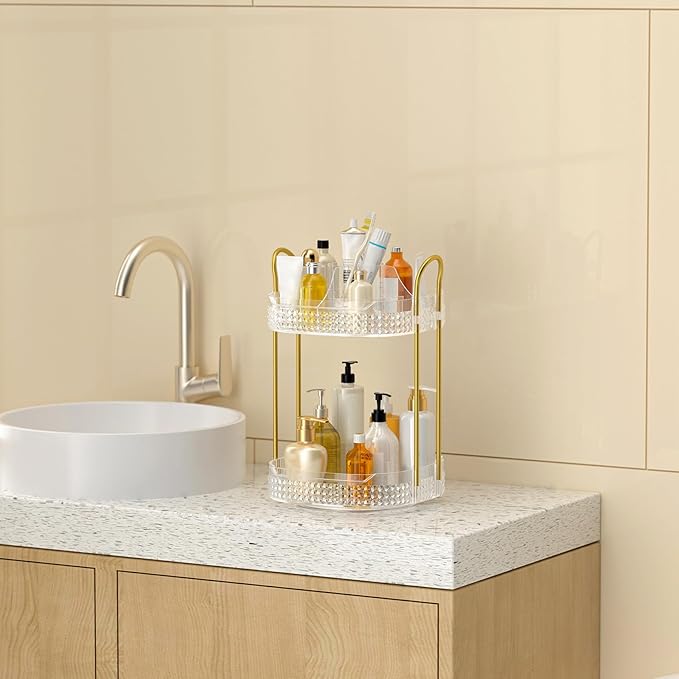 360 Rotating Makeup Organizer 2 Tier, Large Skincare Clear Make Up Storage Spinning Perfume Organizers for Bathroom Counter Dresser, White