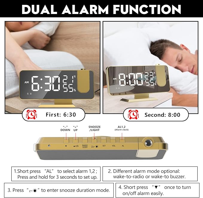 Projection Digital Alarm Clock for Bedrooms, Alarm Clock Radio on Ceiling, USB Charger Port, Temperature & Humidity Display, 7.3” Large Mirror LED Display,12/24H,Snooze,Dual Loud Clock- 4 Dimmer