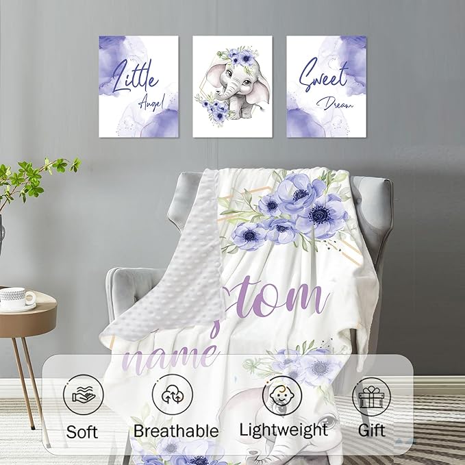 Personalized Baby Crib Bedding Set for Baby Girls, Purple Flower Pattern Elephant Theme Custom Name Baby Crib Sets 5-Pcs, Toddler Double Layer Blanket Fitted Sheets Changing Pad Cover Rug Wall Art Set