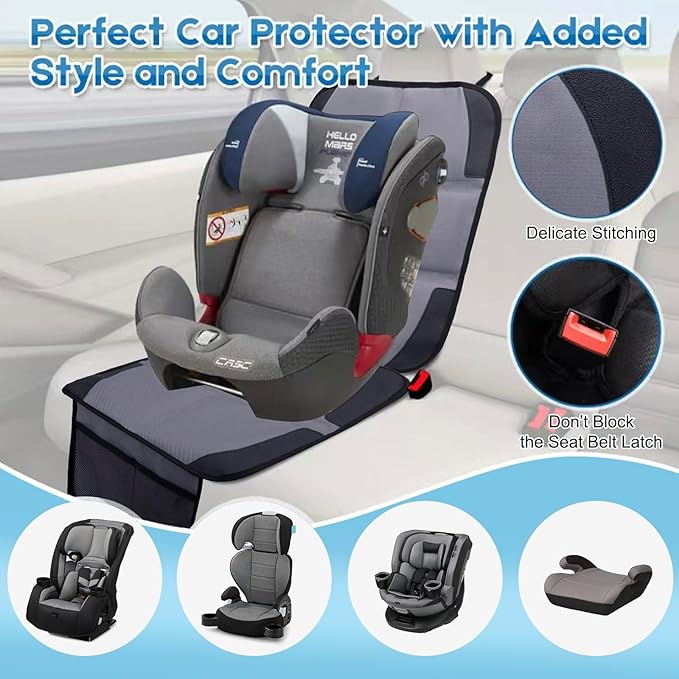 Car Seat Protector 2 Pack Baby Car Seat Covers with Mesh Pockets & Non-Slip Backing 600D Durable Seat Protector Under Baby Car Seat (Gray, Standard)