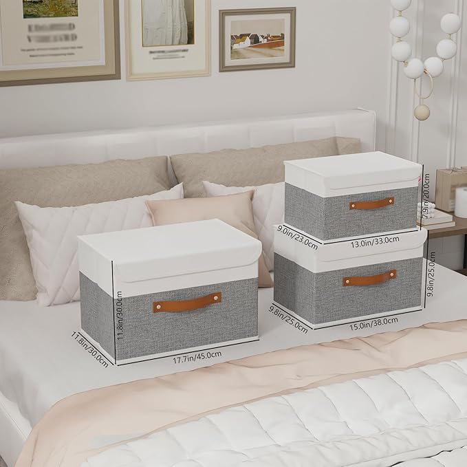 Yawinhe Storage Boxes with Lids, Linen Fabric Bin, Cube Organizer Basket, Washable and Leather Handle, for Home, Closet, White/Grey, 15.0''Lx9.8''Wx9.8''H, 1-Pack, USNK024WGL-1
