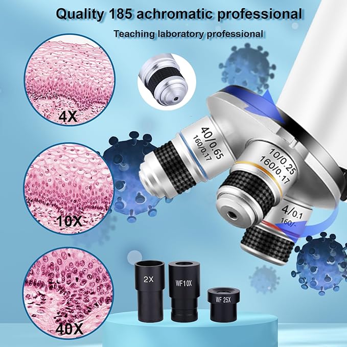 Microscope 40X-2500X Magnification with 4.3-inch Display, Wide-Angle 10X and 25X eyepieces, and Built-in 5-megapixel Camera for School Labs, Animal Husbandry (White)