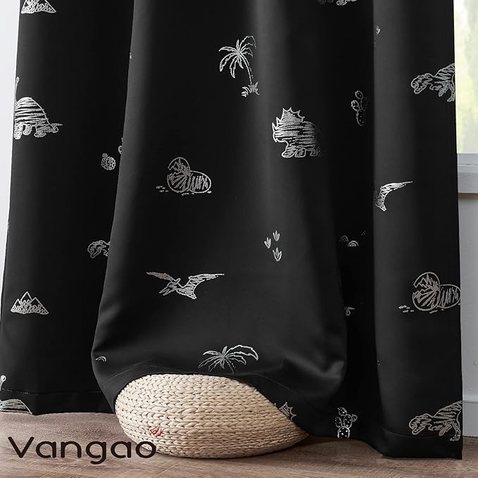 Vangao Kids Curtains Black Blackout Dinosaur Curtains for Boys Kids Nursery Girls Room Silver Dino Foil Print Thermal Insulated Drapes Grommet Top Window Treatments 84 Inches Length 2 Panels