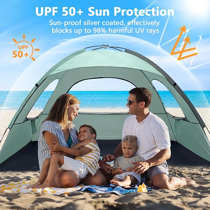 NXONE Beach Tent Sun Shade Shelter for 3/4/6 Person Person with UV Protection, Extended Floor, 3 Mesh Roll Up Windows & 8.0/8.5mm Fiberglass Rods丨Carry Bag Included