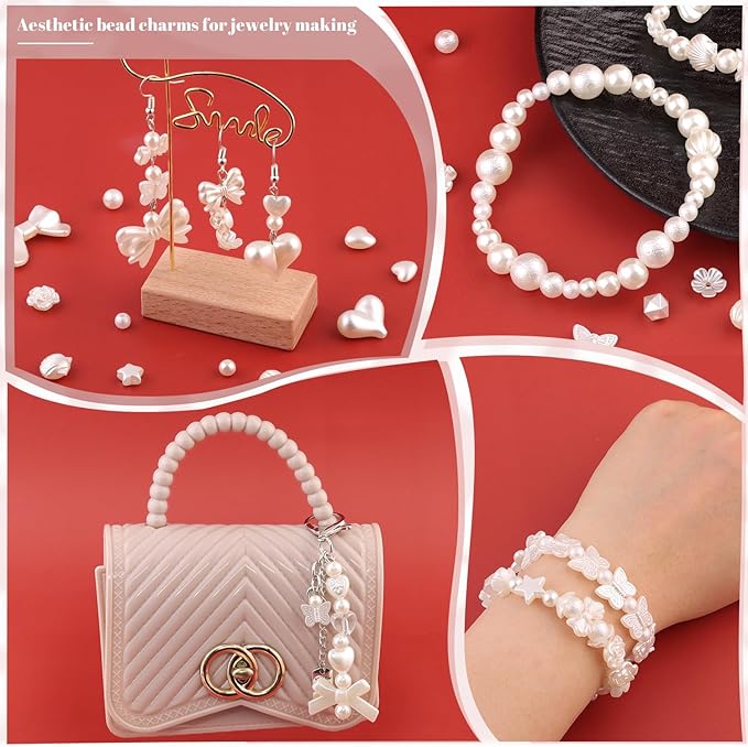 Assorted 270-320PCS Mix ABS Imitation Pearl Beads for Bracelet Making, Bow Butterfly Heart Kawaii Aesthetic Acrylic Beads,Cute Bead for Jewelry Making DIY Necklace Keychain Phone Charms