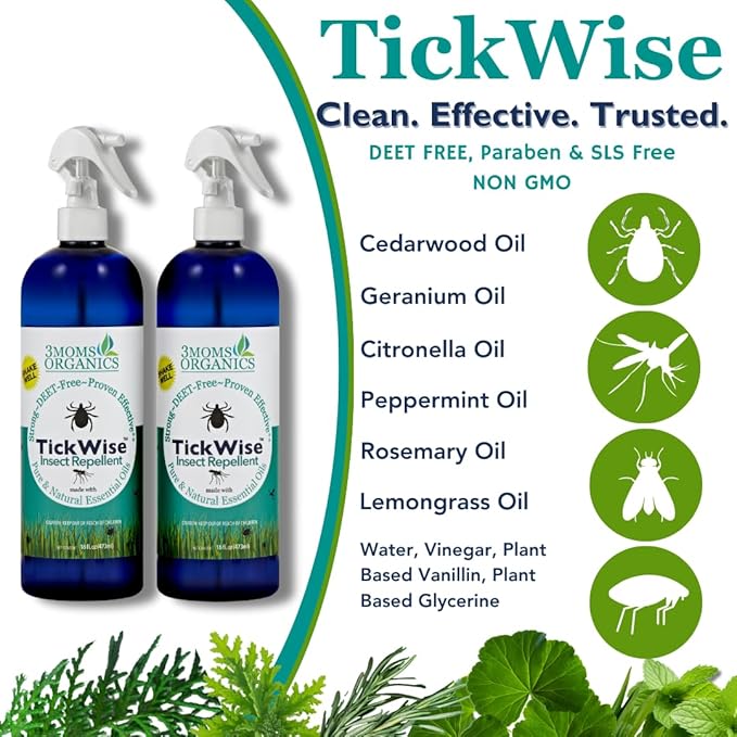3 Moms Organics, TickWise 16oz Extra Strength Double Mama 2-Pack - DEET- Free, Tick and Insect Repellent, Plant Based Essential Oils, All Natural Ingredients, Safe for Kids, Adults, Dogs & Horses