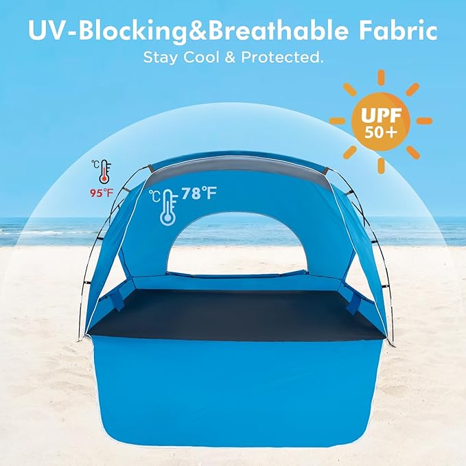 Beach Tent, Portable Sun Shelter for 2/3/4/6-8 Person with UPF 50+ UV Protection, Easy Setup Waterproof Beach Shade Canopy Cabana for Family Outdoor and Picnics, Fishing with Carrying Bag