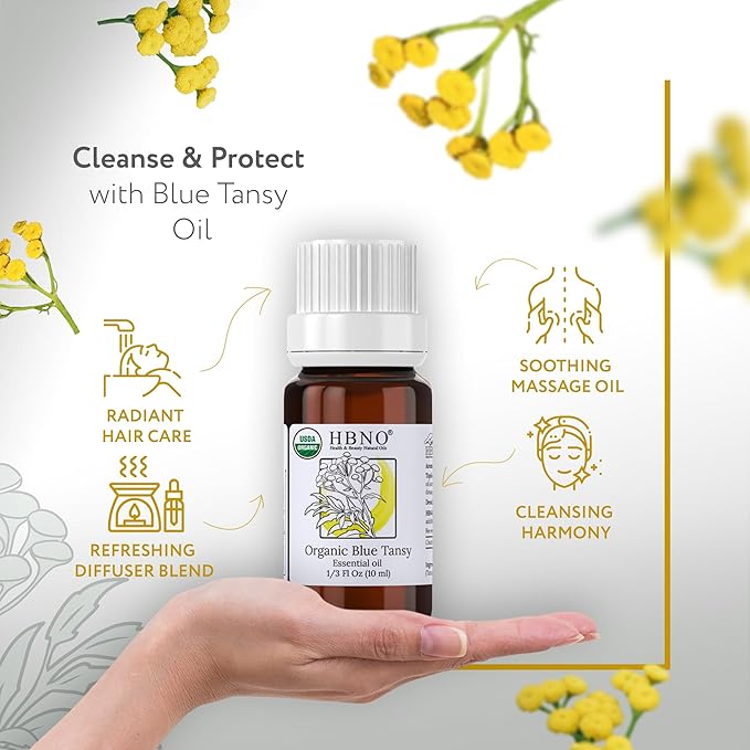 HBNO USDA Certified Organic Blue Tansy Essential Oil - 1/3 OZ (10 ml) Travel Size - Perfect for Aromatherapy, DIY, Candle Making, Soap Making, Diffusers - Blue Tansy Essential Oils