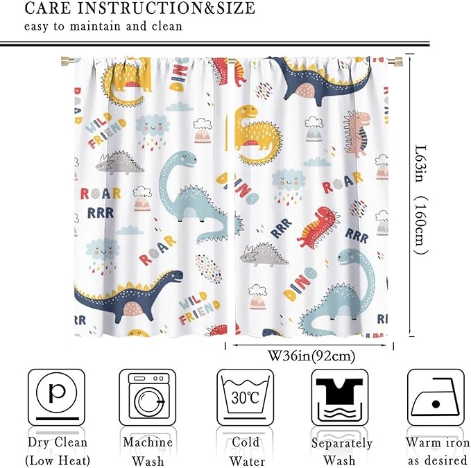 Cartoon Dinosaur Curtains for Kids Boys Girls Home Decor Colorful Cute Dino Animals Print Pattern Rod Pocket Blackout Window Drapes for Nursery Baby Bedroom Playroom W36xL63in 2 Panels
