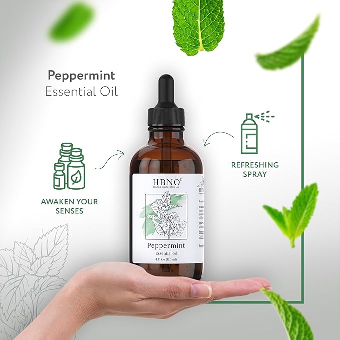 HBNO California Bottled Peppermint Essential Oil 4 fl oz (120ml) - Premium Grade Natural Peppermint Oil for Hair, Skin & Scalp Care - Ideal for Masage, Diffusers & Aromatherapy - with Glass Dropper