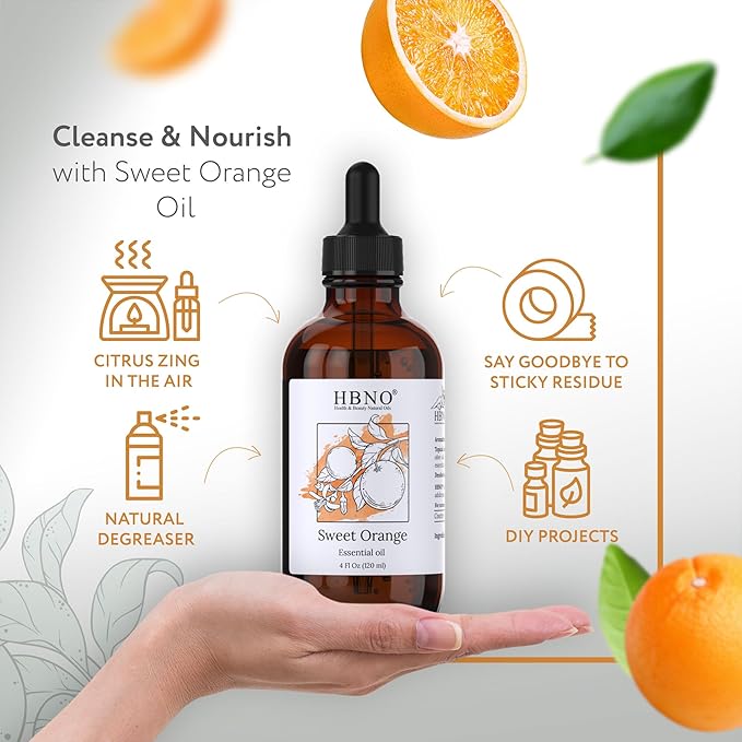 HBNO California Bottled Orange Essential Oil 4 fl oz (120ml) Value Size - Natural Orange Oil, Cold Pressed - Perfect for Cleaning, Aromatherapy, DIY, Soap & Diffuser