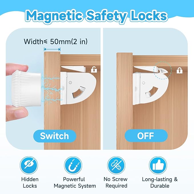 4 Pack Magnetic Cabinet Locks for Child Safety, Drawer Locks Baby Proofing, Magnetic Door Safety Locks for Cabinets and Drawers, Easy Installation No Tools Required (4 Pack and 1 Keys)