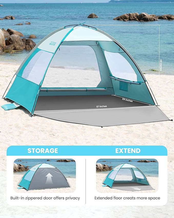 OutdoorMaster Beach Tent for 3/4 Person - Easy Setup Sun Shade Shelter, Portable Beach Shade Sun Canopy with UPF 50+ UV Protection, Removable Skylight Family Size