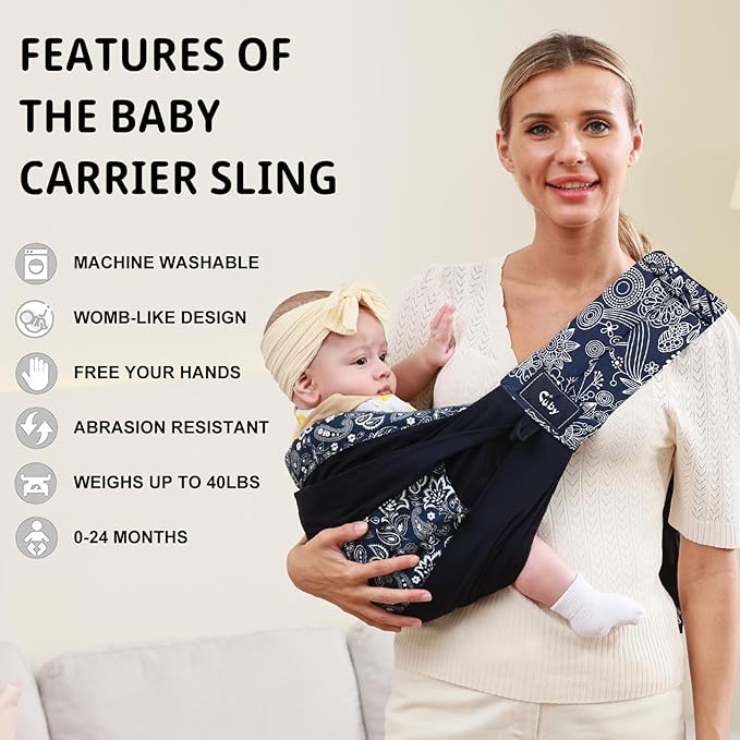 CUBY Wrap Baby Sling Carrier, Baby Wraps Sling Carrier Adjustable Breathable Lightweight Easy to Wearing - Baby Slings for Newborn Infant Toddler Front & Hip Carry Up to 40lbs (Dark Blue Floral)
