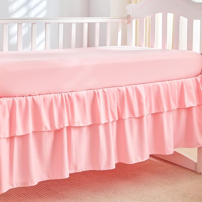 Mini Crib Bedding Set 3 Pieces Baby Boho Quilted Tufted Ruffles Comforter with Fitted Sheet and Ruffled Bed Skirt - Cute Shabby Baby Bedding Fits Mini Crib Only Pink