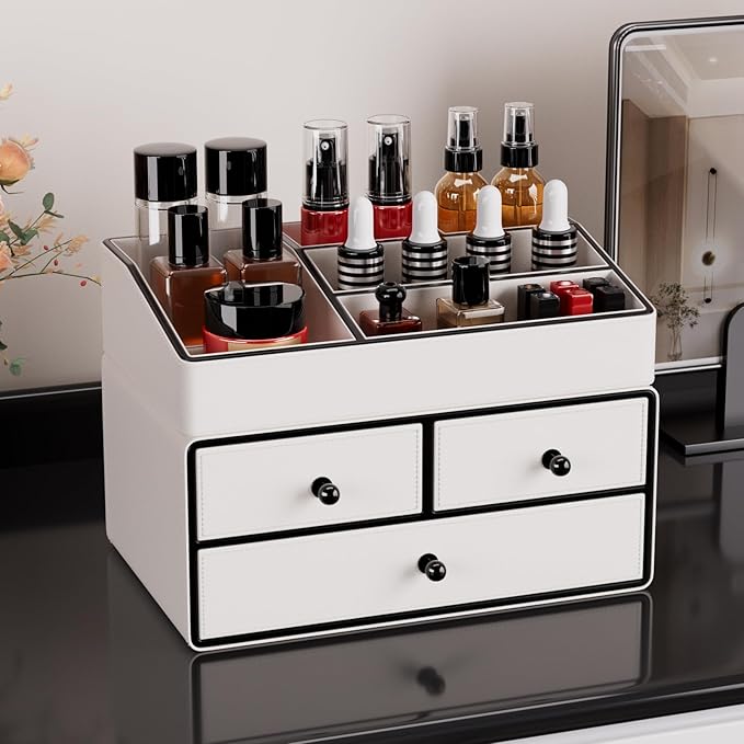 GORESE Leather Makeup Organizer with Drawers for Vanity, Stackable Skincare Holder Dresser Organizer Countertop, Make Up Storage Organizers Counter Cosmetic Display Case Gifts for Women(Cream White)