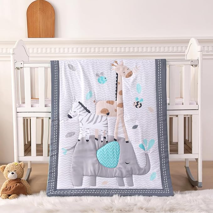 Wowelife Mini Crib Bedding Set Boy, 3 Piece Baby Bedding Set Nursery Bedding Set Elephant, Giraffe, Zebra Breathable Soft for Baby Boy with Comforter, Crib Fitted Sheet and Crib Skirt, Gray