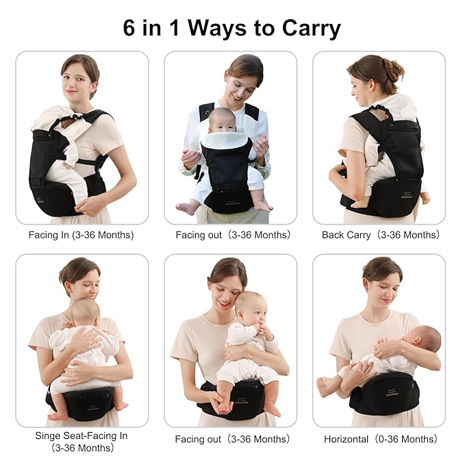 Bebamour Baby Carrier with Hip Seat,All-Position Breathable Mesh Hip Seat & Carrier 0-36Months with Head Hood, 3 PCS Teething Pads, Waist Extender,Storage Bag & Pacifier Case(Khaki)