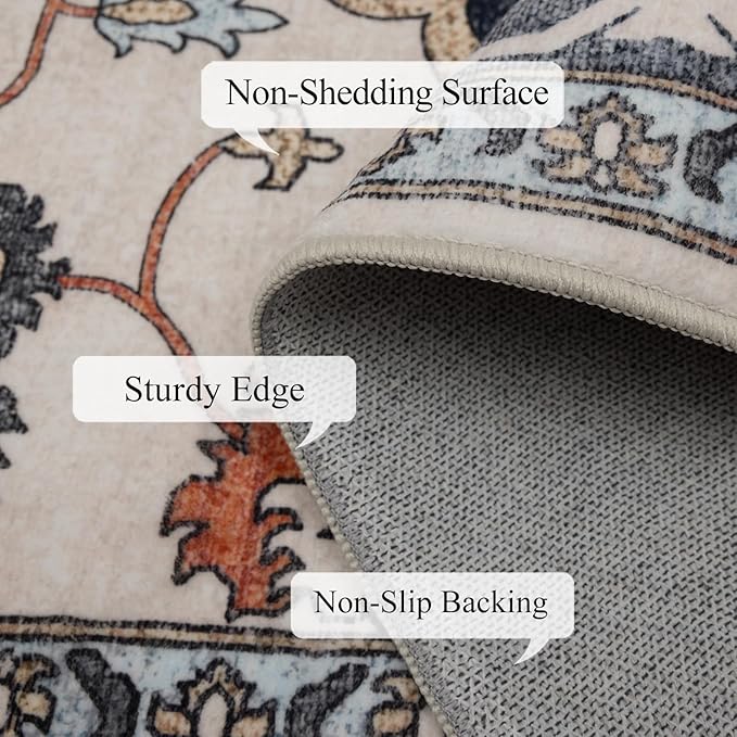 4x6 Washable Area Rug for Living Room, Carpet for Bedroom, Soft Faux Wool Retro Dining Room Rug, Non Slip&Non-Shedding Resistant Low Pile Vintage Print Rug for Home Office (Blue/Gray)