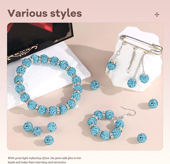 160pcs 10mm Rhinestone Beads for Jewelry Making, Aquamarine Shiny Round Disco Ball Beads Bulk, Sparkle Crystal Clay Christmas for Bracelet Baseball Necklace Earring Crafting and DIY